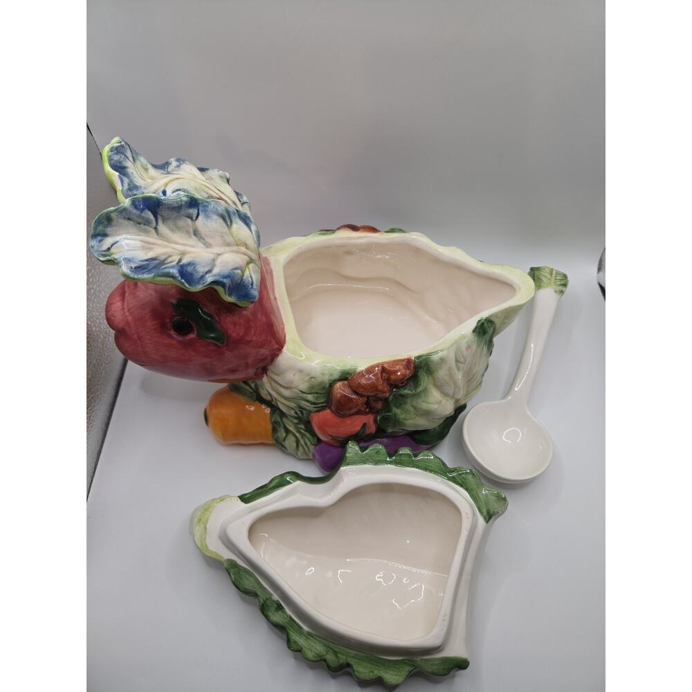 Fitz Majolica Sculpted Ceramic Vegetable Easter Rabbit Tureen & Spoon